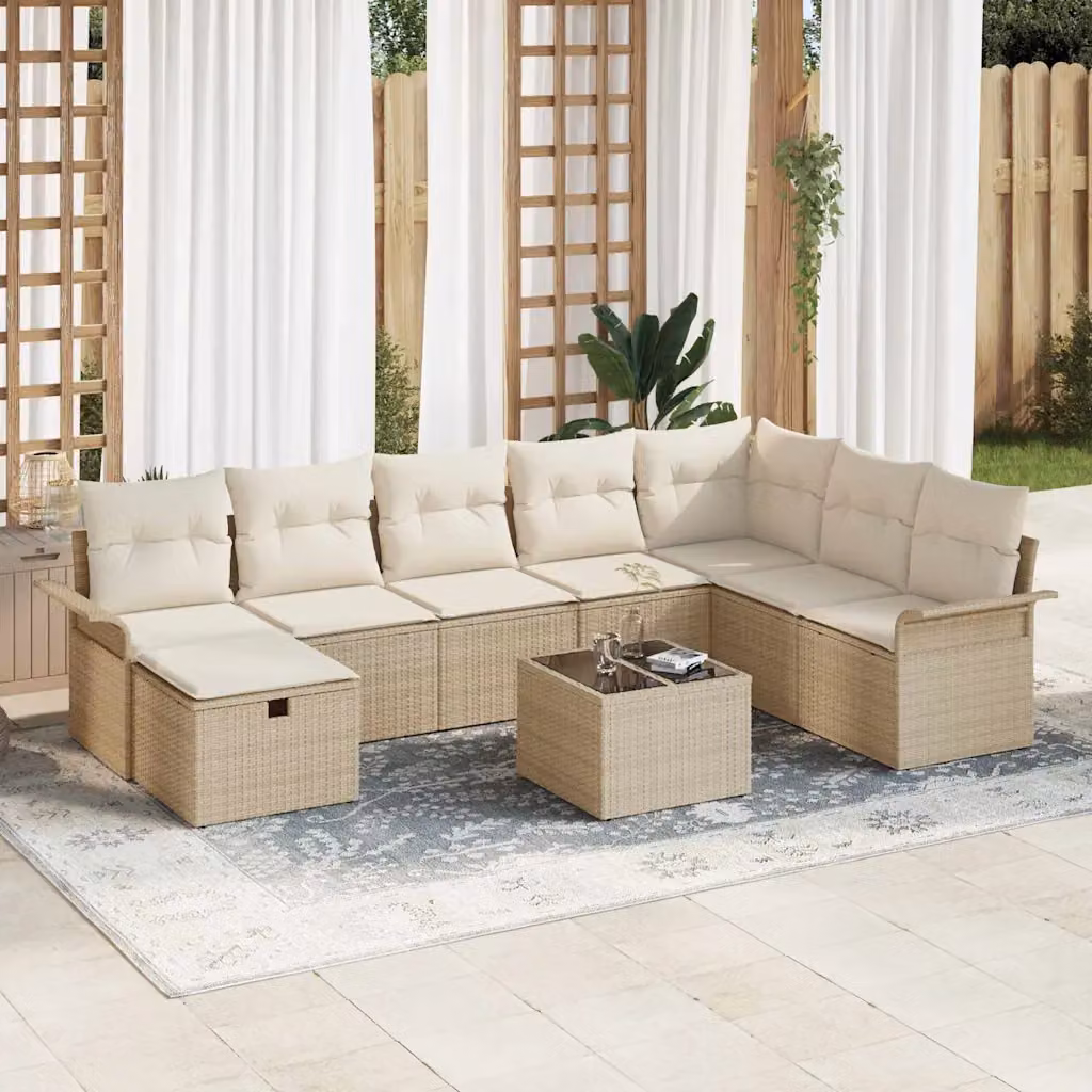 Set Divano da Giardino vidaXL 9 pz Beige e Bianco con Cuscini e Tavolino da Esterno in Polyrattan e Acciaio