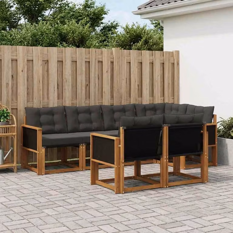 Set di divani da esterno vidaXL 7 pz in legno di acacia e textilene, composizione a L con cuscini inclusi, marrone e nero