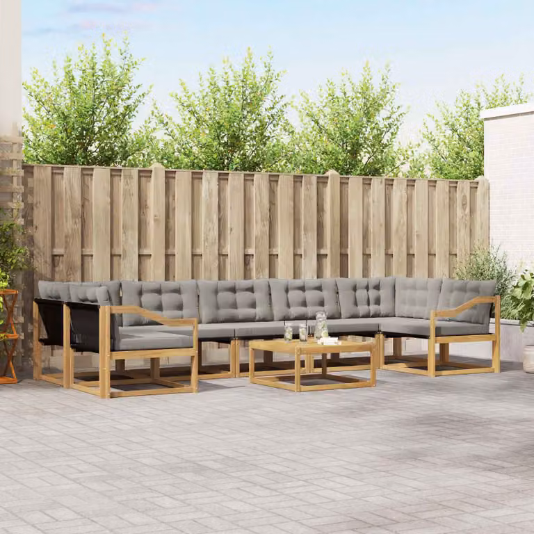 vidaXL Set di divani da esterno a L composto da 8 pezzi in legno di acacia con cuscini bianchi e grigi e tavolino da giardino
