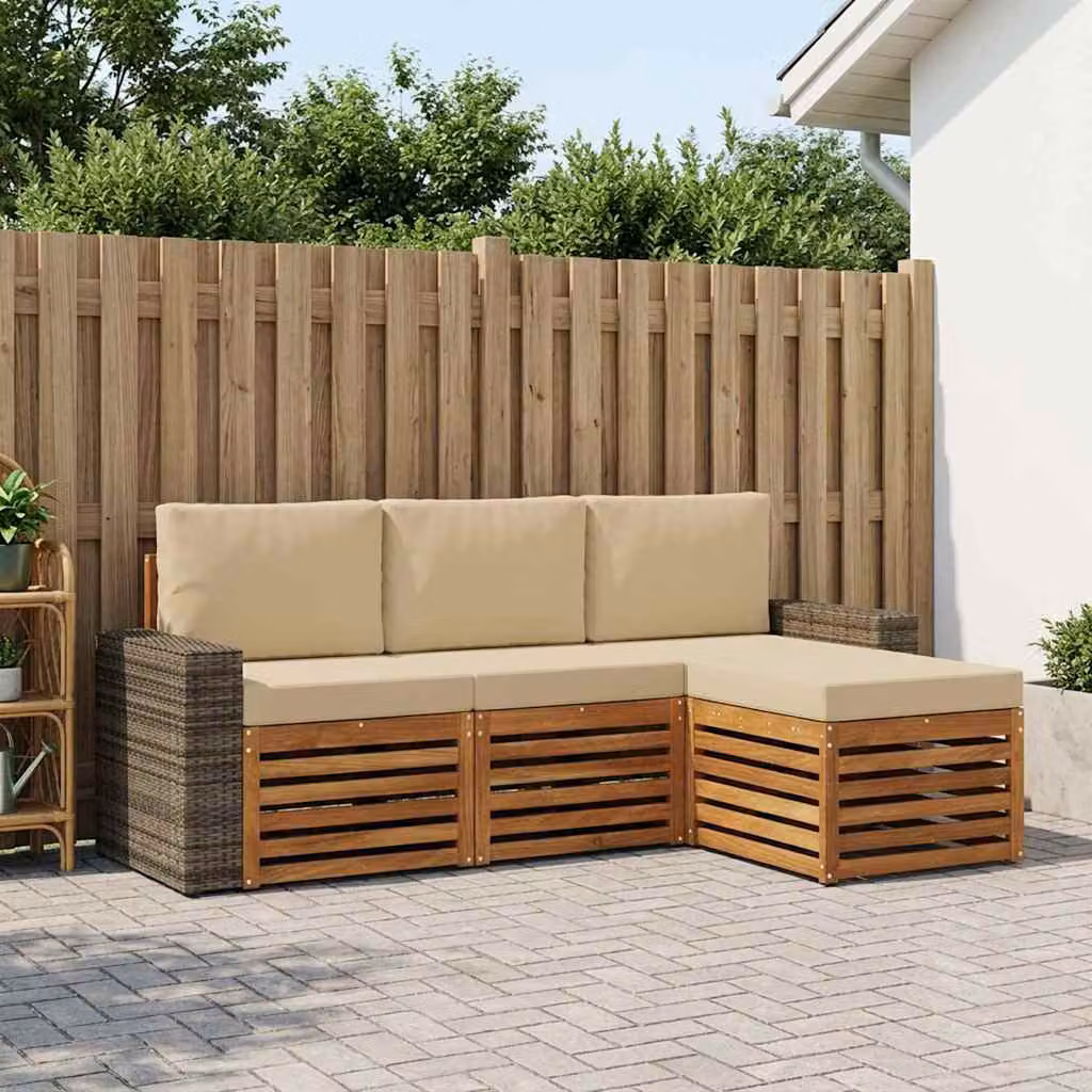 Set di divani da esterno vidaXL a forma di L in legno di acacia con pouf e cuscini, colore marrone e beige