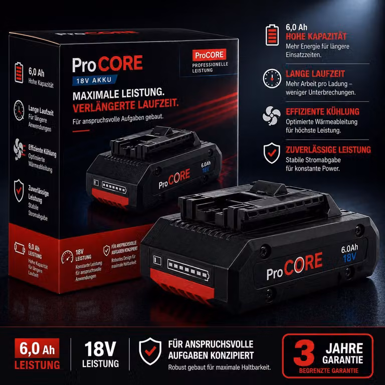 Batteria di ricambio da 18 V e 6,0 Ah compatibile con Bosch Professional ProCORE 18 V – Batteria agli ioni di litio ad alte prestazioni di ricambio per le serie GBA e ProCORE con indicatore LED