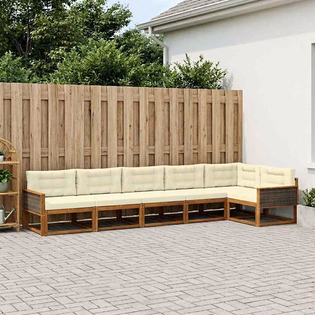 Set di divani da esterno vidaXL a forma di L composto da 6 pezzi in legno di acacia con cuscini in beige, bianco e marrone