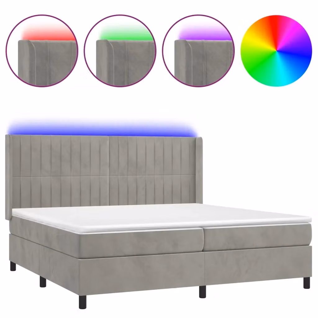 Letto Ibrido vidaXL in Velluto Grigio Chiaro con Materasso a Molle Insacchettate, Illuminazione LED e Porte USB, L/P: 200 x 200 cm – 2
