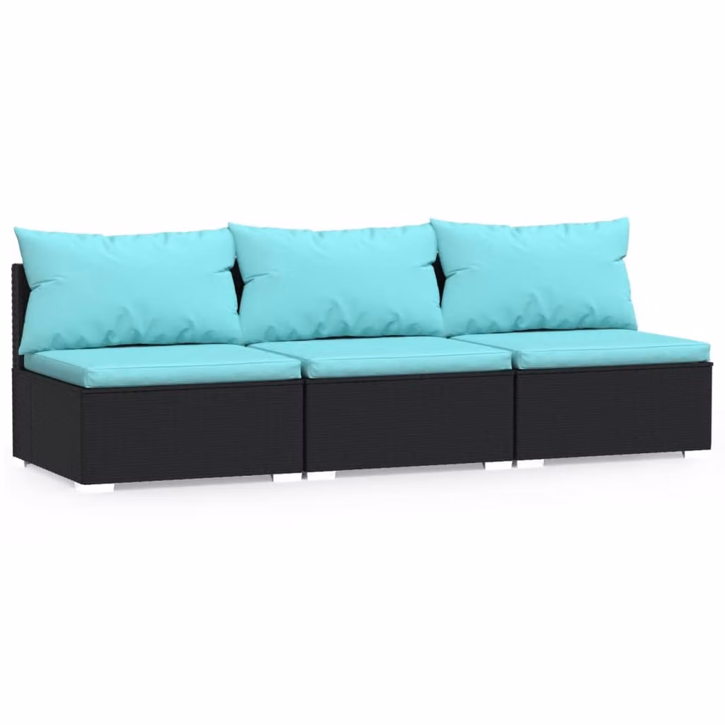 Divano a 3 Posti con Cuscini in Polyrattan Nero