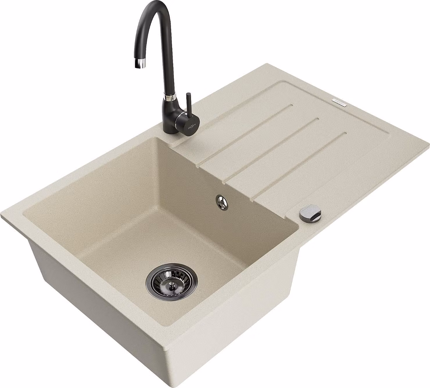Mexen Bruno lavello in granito 1-vasca con sgocciolatoio e rubinetto da cucina Telma, beige - 6513-69-670200-70