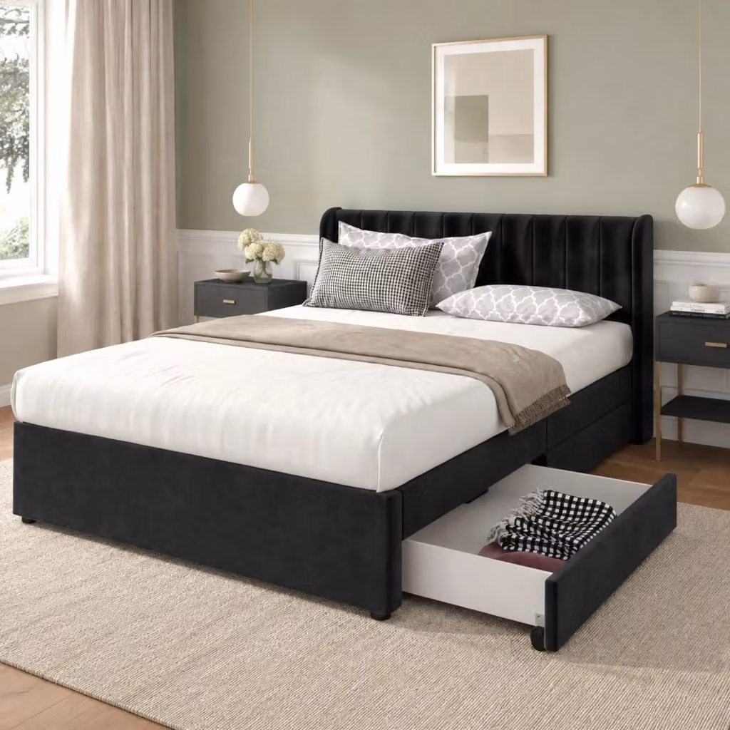 Letto Mivray con cassetti e testiera alta in velluto nero, L/P: 160 x 200 cm – 2