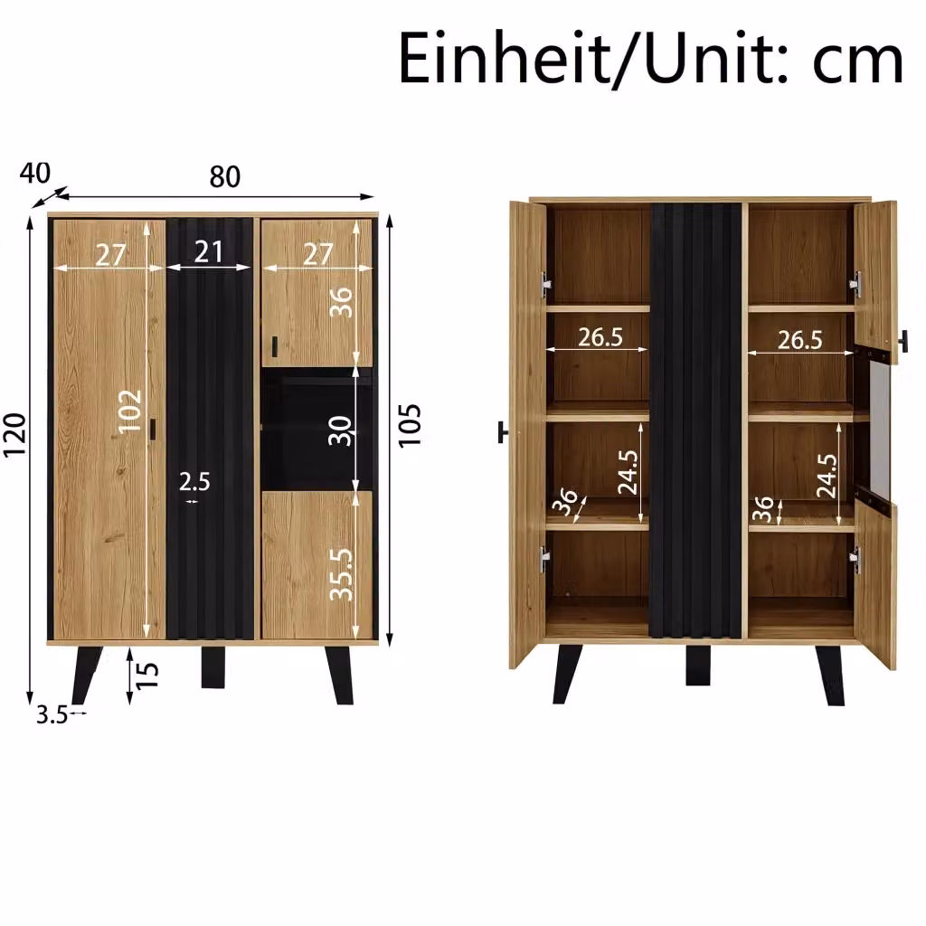 Vetrina REDOM con LED e ante in vetro, finitura opaca nera e legno, L: 80 cm, H: 120 cm, P: 40 cm – 2