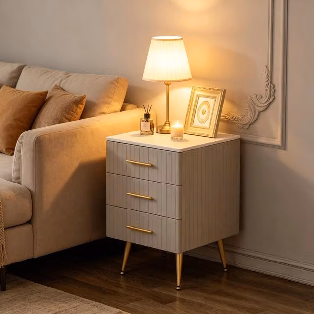 Comodino OKWISH con 3 cassetti, piano in MDF effetto marmo e rivestimento in velluto, grigio, L: 40,5 cm, H: 62 cm, P: 41 cm – 1