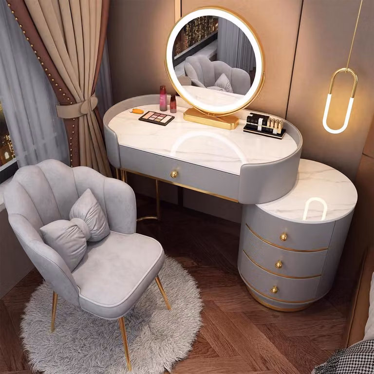 Set da trucco con specchio e sedia, colore grigio, 80 cm