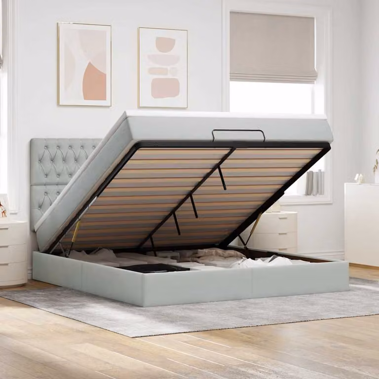 Letto con contenitore a sollevamento vidaXL in velluto grigio e bianco L: 180 cm, P: 200 cm, H: 128 cm