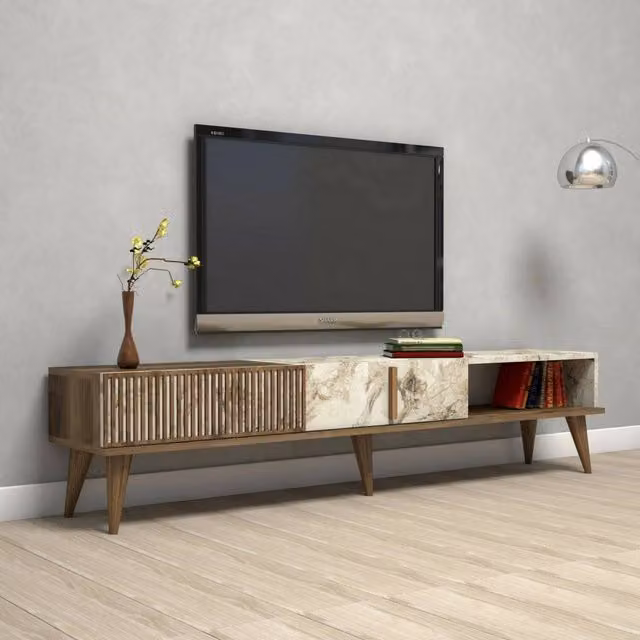 Mobile porta TV Jakuchu DMORA, Credenza da soggiorno moderna in legno, L: 180 cm, P: 40 cm, H: 35 cm, Noce e Bianco – 1