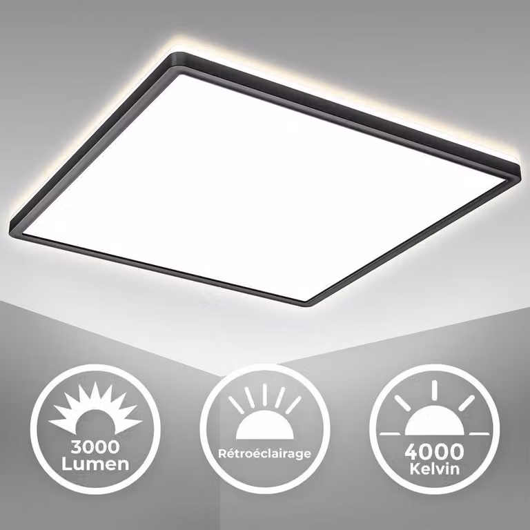 B.K.Licht Plafoniera LED ultra piatta 2,9cm, LED integrati 22W 3000Lm, luce bianca naturale 4000K, Lampada da soffitto con illuminazione indiretta, quadrata lato 42cm, contorno nero, IP20
