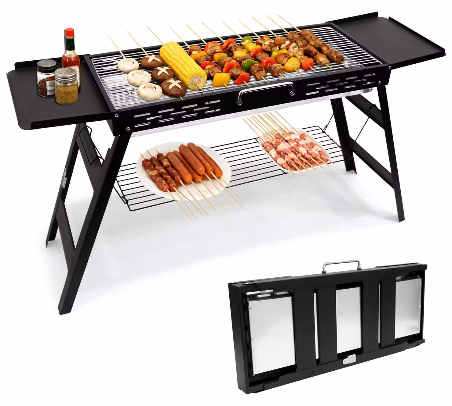 Barbecue a carbone pieghevole e portatile - 75 x 29,5 cm (superficie di cottura) - Struttura in alluminio - Colore nero