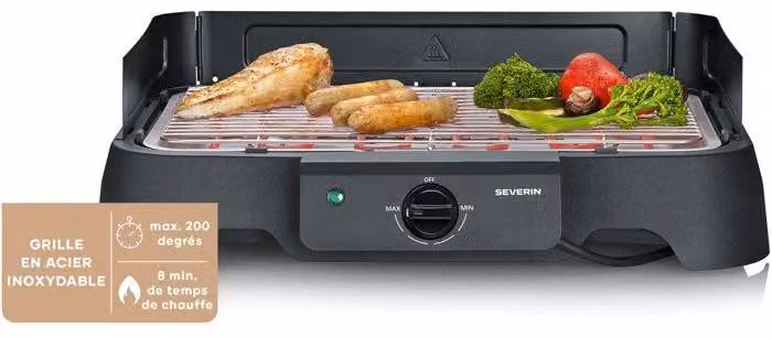 Barbecue elettrico da tavolo SEVERIN PG8593, 2000 W, 38 x 22 cm, griglia in acciaio inossidabile, termostato, colore nero