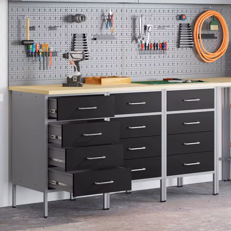Set di 3 carrelli da lavoro mobili vidaXL in acciaio e legno, Nero e Grigio, L: 150 cm, P: 55 cm, H: 85 cm