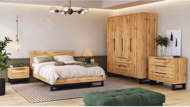 Set camera completa stile industriale Meublorama collezione MILOS in rovere grezzo e nero con armadio, letto contenitore 140x200 cm, cassettiera e comodini