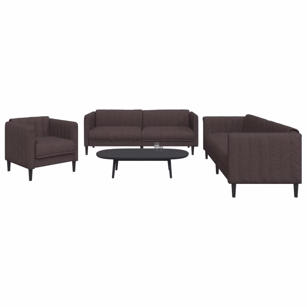 Set di divani 3 pezzi vidaXL in tessuto marrone con struttura in legno massiccio e cuscini inclusi – 1
