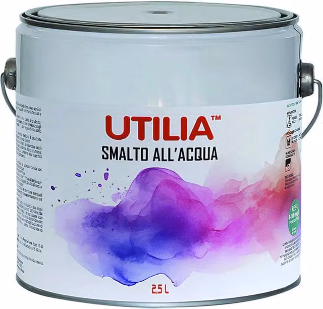 Smalto all'acqua Utilia Bianco Satinato opaco, confezione da 4 pezzi da 2,5 l