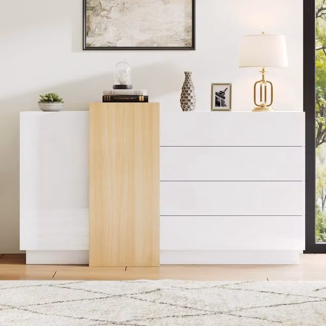 Sideboard bianco lucido, mobile da pranzo moderno con spazio contenitore, credenza minimalista color legno