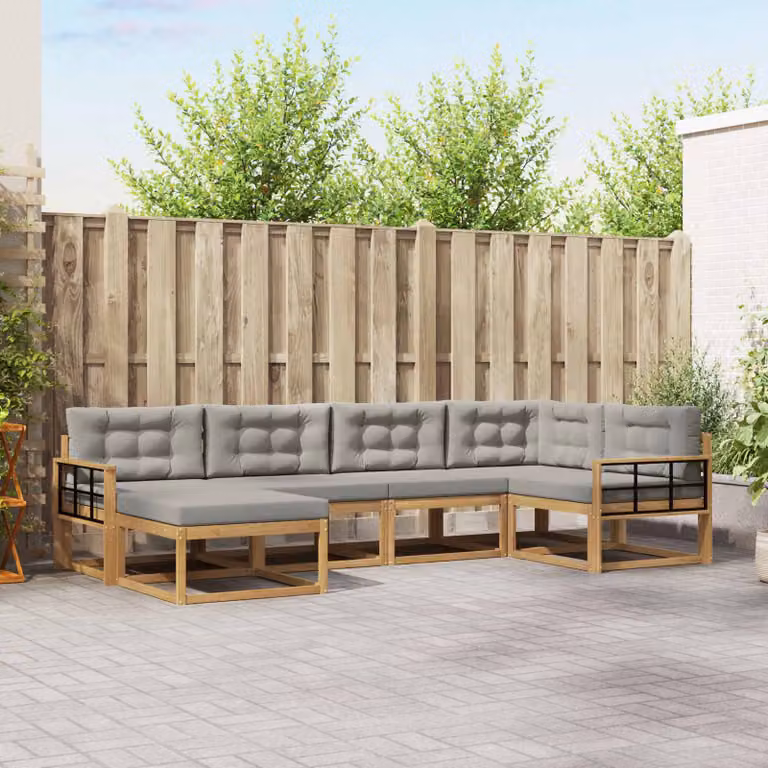 vidaXL Set di divani da esterno a L composto da 5 pezzi in legno di acacia con cuscini Bianco e Grigio