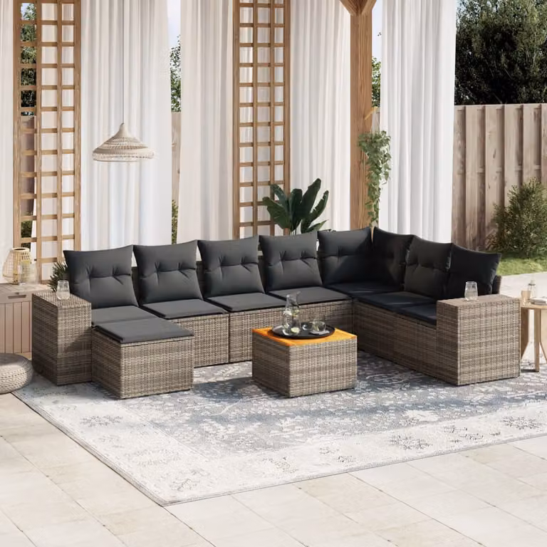 Set Divano da Giardino vidaXL 9 pz a Forma a L in Polyrattan Grigio con Cuscini e Tavolino