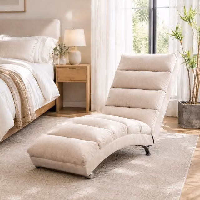 Poltrona massaggiante reclinabile in lino beige; 55x148x84 cm; con tasca laterale