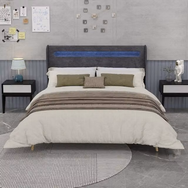 Letto imbottito con testiera LED ¨C Minimal ¨C Grigio 160x200 cm