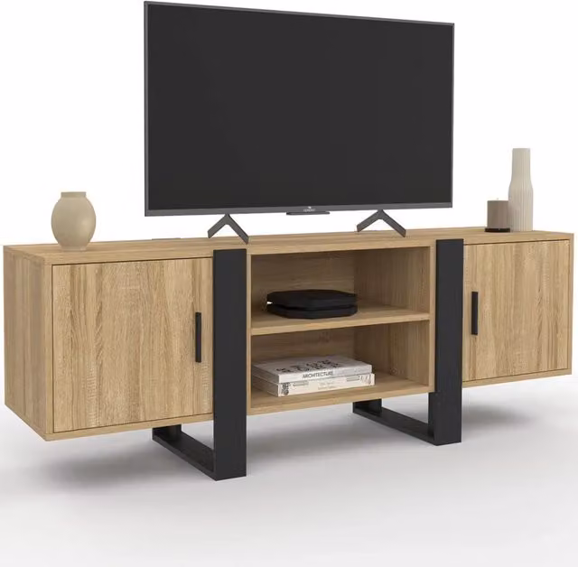 IDMarket Porta TV PHOENIX moderno con 2 ante in legno e nero L 140 x P 40 x H 50 cm