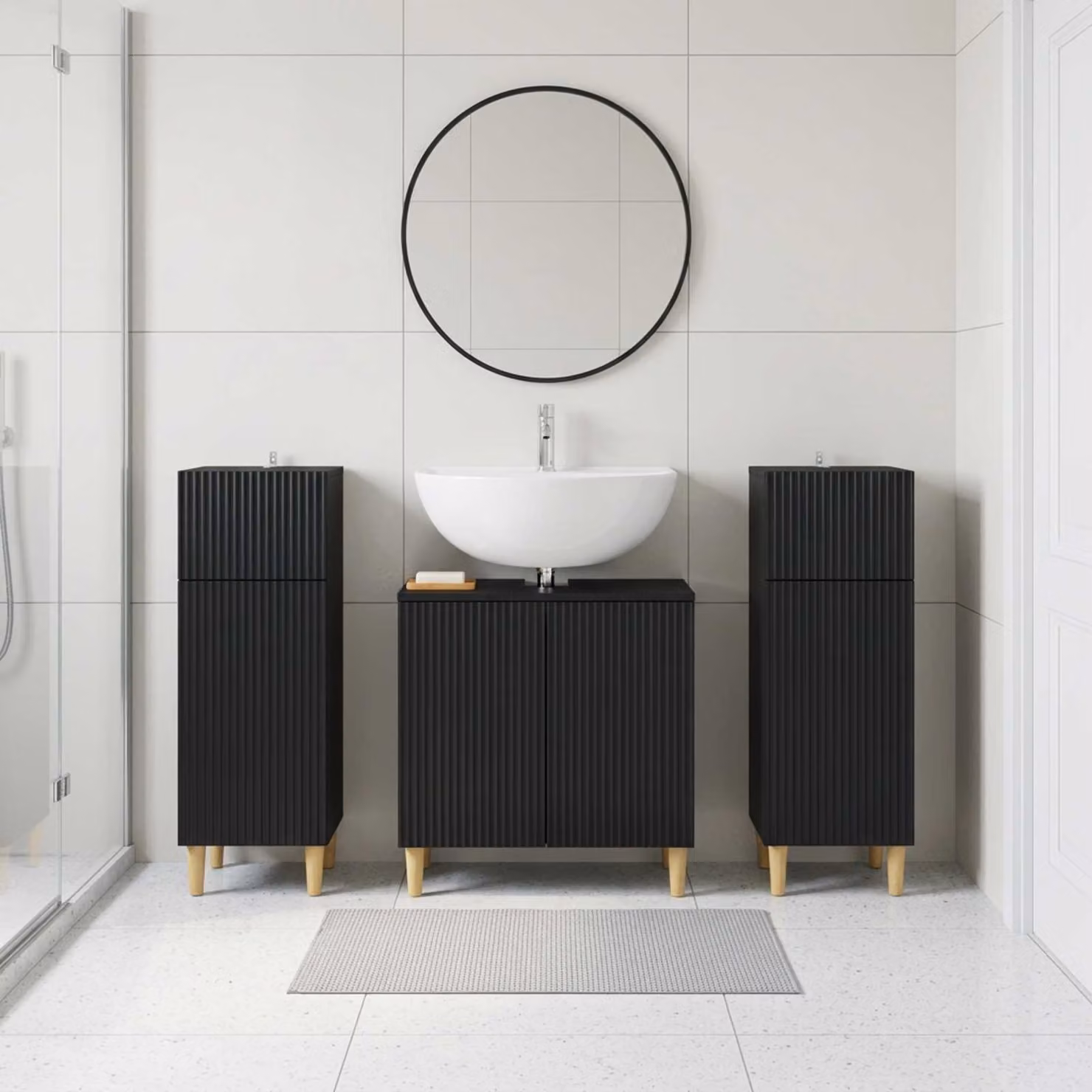 Set di mobili da bagno vidaXL ARNHEM in 3 pezzi, nero opaco, con mobile lavabo e armadietti laterali