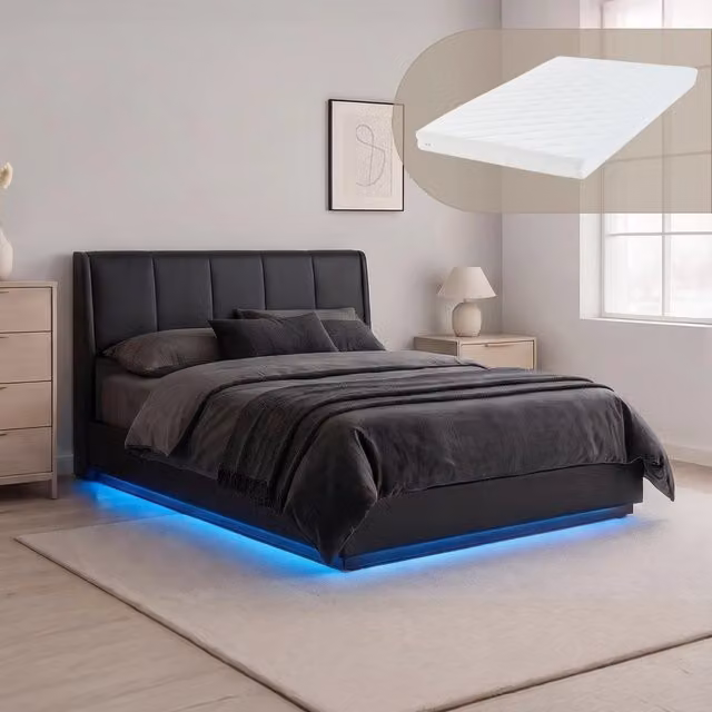 Letto Francese Contenitore Tröstiar a Luce LED con Materasso 140x200 cm - Similpelle Nero [en.casa]