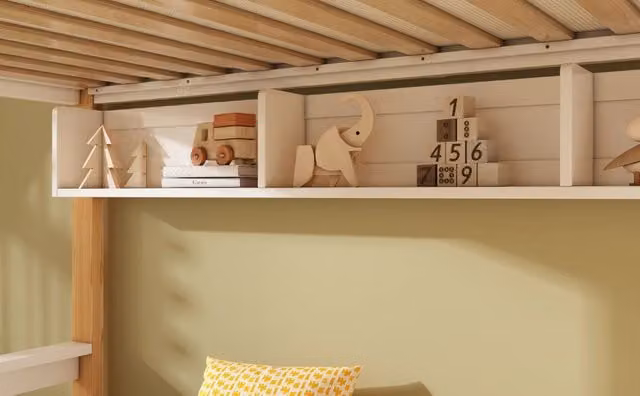 Letto a castello per 3 bambini 90x200 e 140x200 cm con lavagna e scala contenitore, legno massello, bianco e naturale