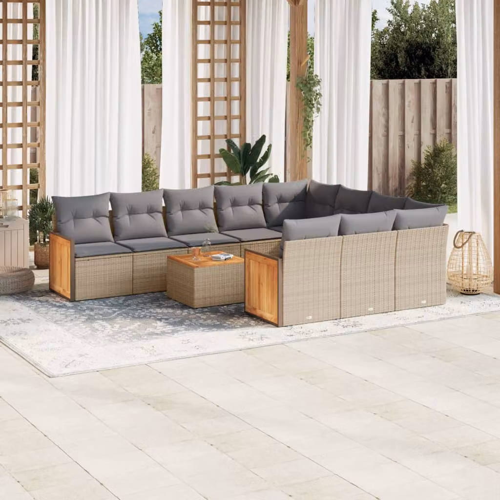 vidaXL Set Divani da Giardino 11 pz a Forma a L con Cuscini Beige e Tavolino, Struttura in Acciaio Verniciato a Polvere e Polyrattan