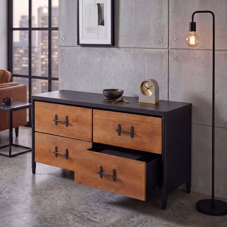 Comodino HWC-Q66, credenza, cassetti in stile industriale 60x120x40 cm ~ legno marrone, metallo nero