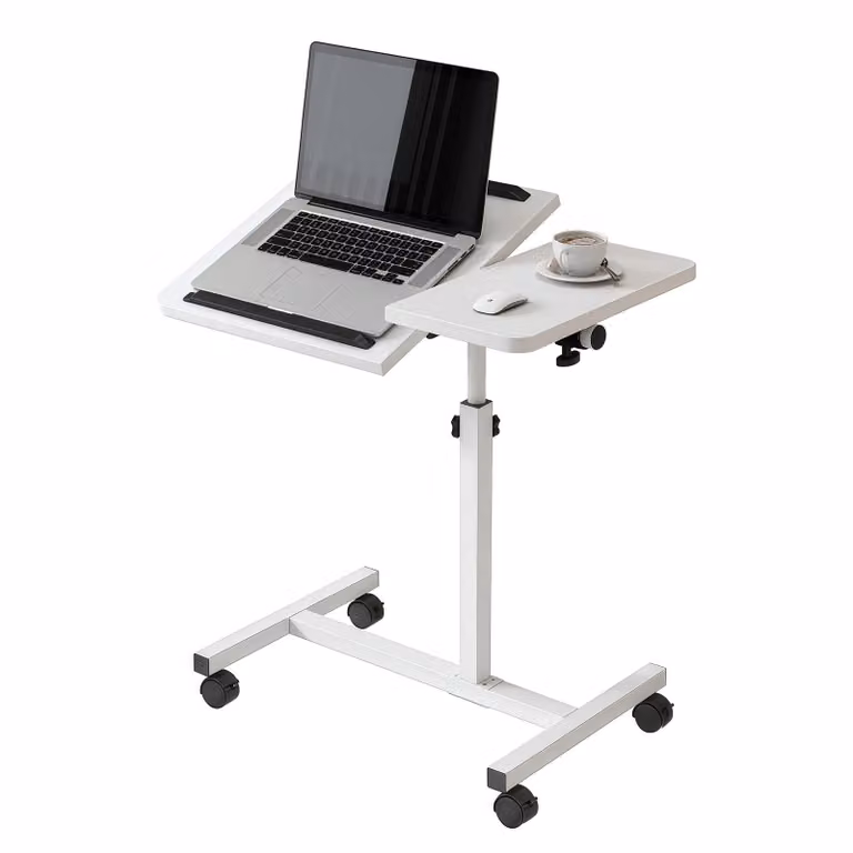 Tavolino laterale con rotelle, piano per laptop regolabile in altezza da 60 a 90 cm, ideale per divano e letto, piano del tavolo 60x40 cm, inclinabile da 0 a 90°, girevole a 360°