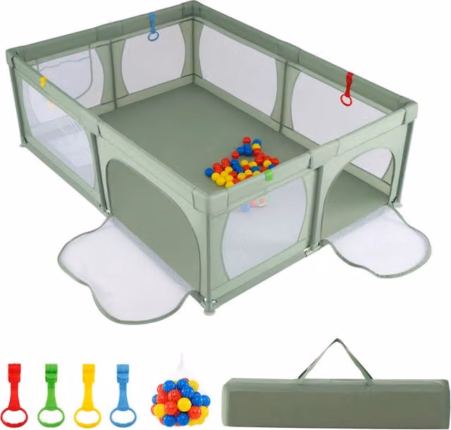 Recinto extra large per neonati e bambini con rete traspirante, Box per bambini per interno ed esterno con palline Verde