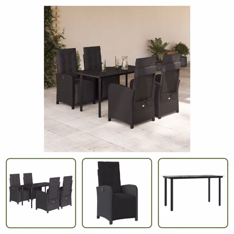 The Living Store Set da pranzo da giardino 5 pezzi con cuscini in poly rattan nero