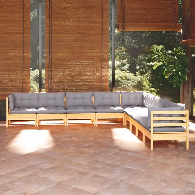 Set Divani da Giardino 9 pz con Cuscini Grigi Massello di Pino 3096814