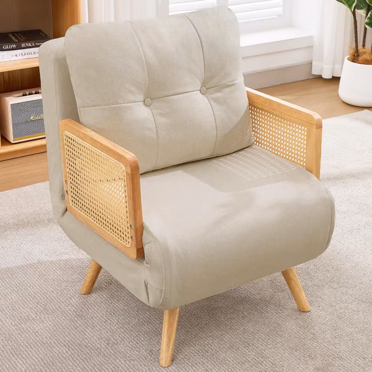 Poltrona relax MODFU con schienale regolabile su cinque posizioni, divano 3 in 1, poltrona imbottita, poltrona lounge con cuscino per lo schienale e imbottitura in schiuma, utilizzabile come divano letto o chaise longue, beige