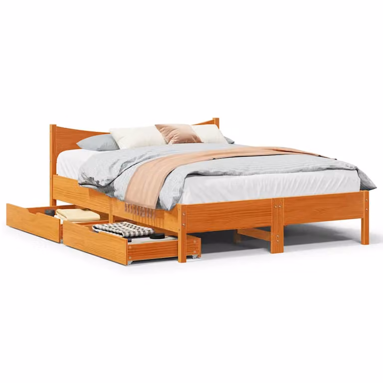 vidaXL Giroletto in Legno di Pino Massello con Cassetti, Marrone Cera, L/P/H: 200 x 160 x 74 cm