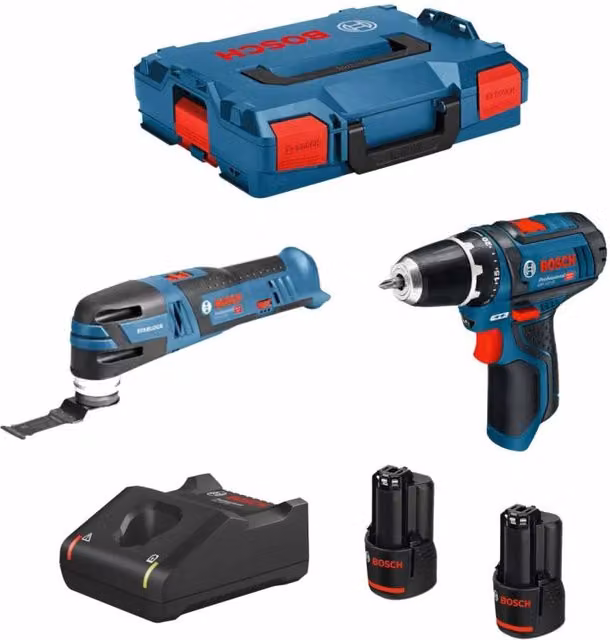 Kit Bosch 12V con Avvitatore GSR 12V-15, Punzonatrice GOP 12V-28, 2 Batterie da 3,0 Ah, Caricabatterie GAL12V-40 e L-Boxx 102, Blu