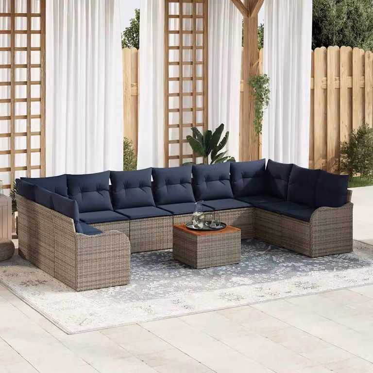 Set Divano da Giardino vidaXL 11 Pezzi Grigio con Tavolino e Cuscini in Polyrattan e Acciaio