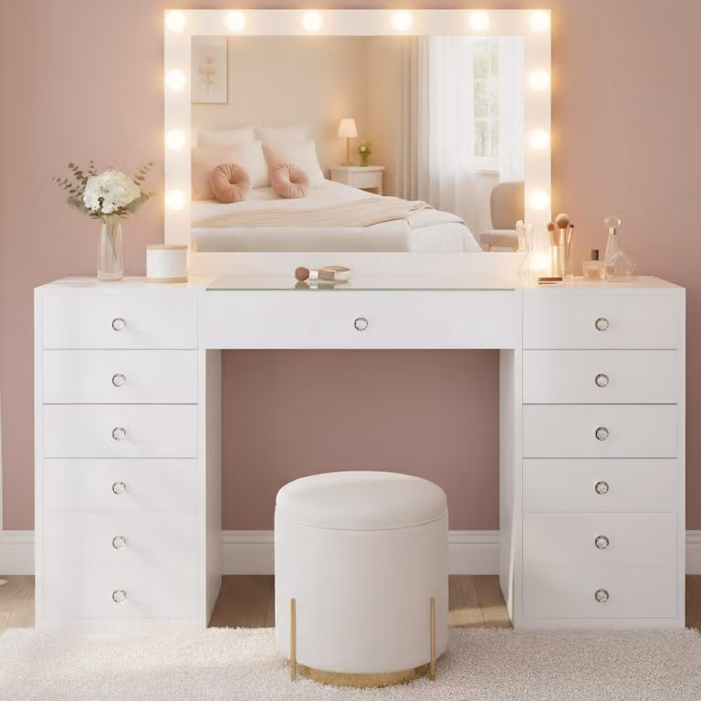 Comò da trucco Attalla con specchio stile Hollywood | Colore: Bianco | Dimensioni: 150x55x155 cm