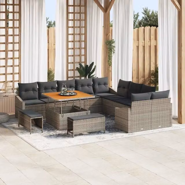 Set Divano da Giardino vidaXL a forma a U in Polyrattan Grigio con 13 Pezzi, Tavolino, Pouf e Cuscini Inclusi – 1