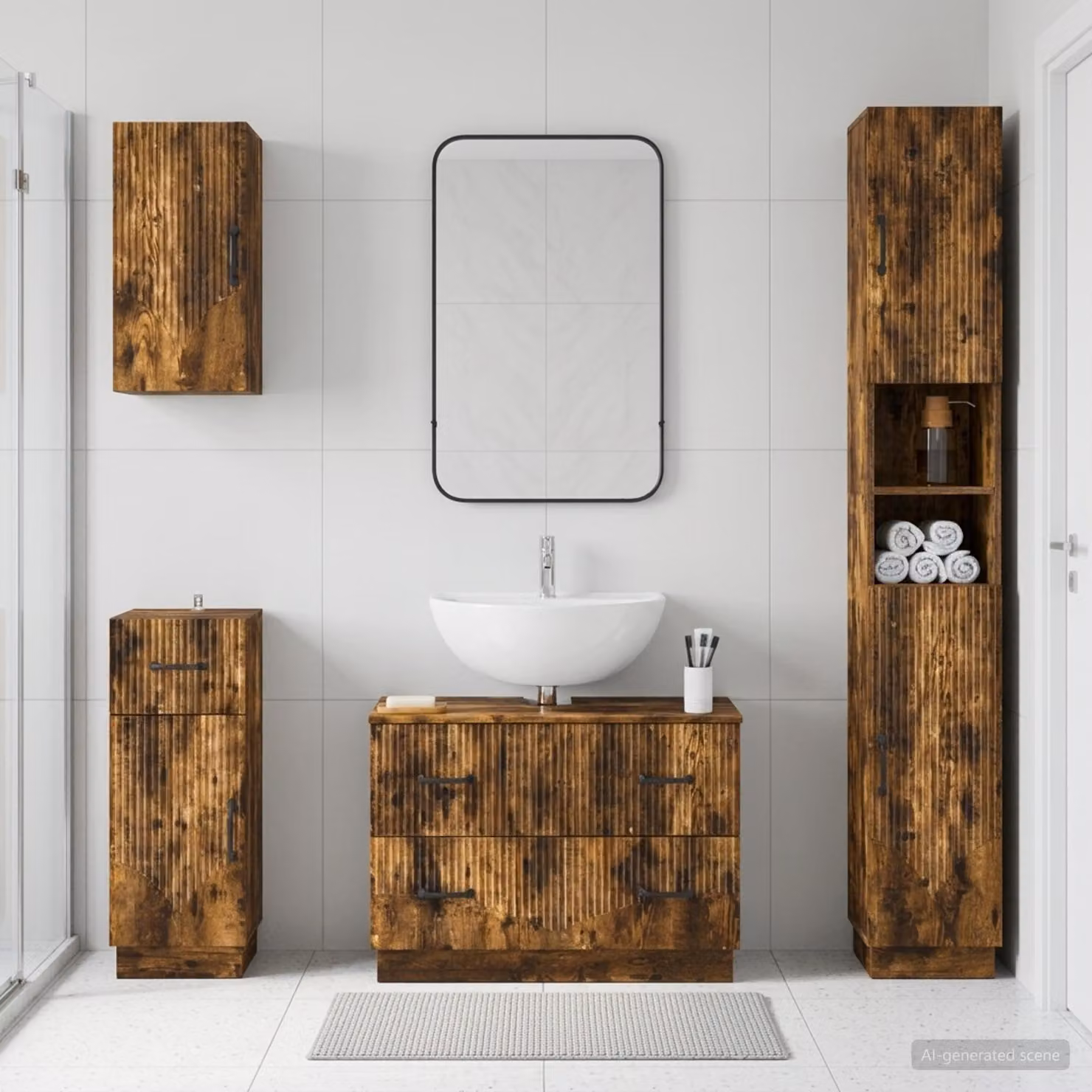 Set di mobili da bagno moderno vidaXL HOORN composto da 4 pezzi in legno colore rovere fumo marrone