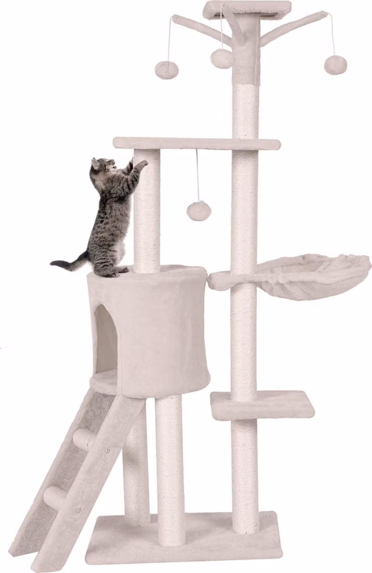 Tiragraffi COSTWAY 140 cm, albero per gatti con piattaforme, grotta per gatti, palla da gioco, scala, palo e cesto in sisal, arredamento per gatti, albero delle attività, beige