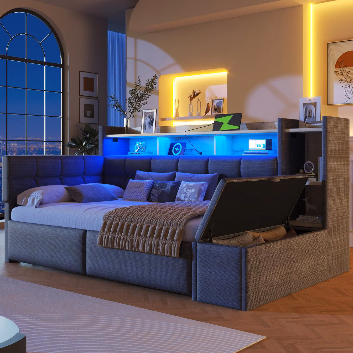 Flieks divano letto da giorno 90x190cm con sgabello idraulico, letto imbottito letto singolo con funzione di carico e led, letto per ragazzi in velluto con ripiano, scuro
