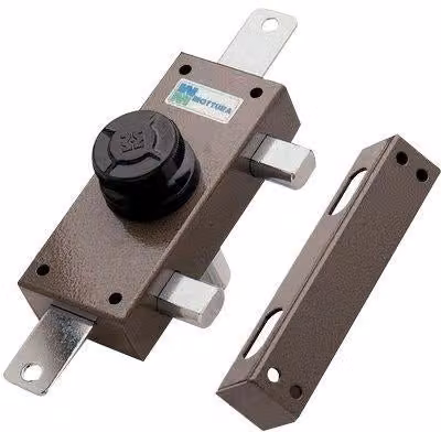 Serratura da applicare su legno Mottura 34329 con pomo triplice e rim in acciaio color bronzo