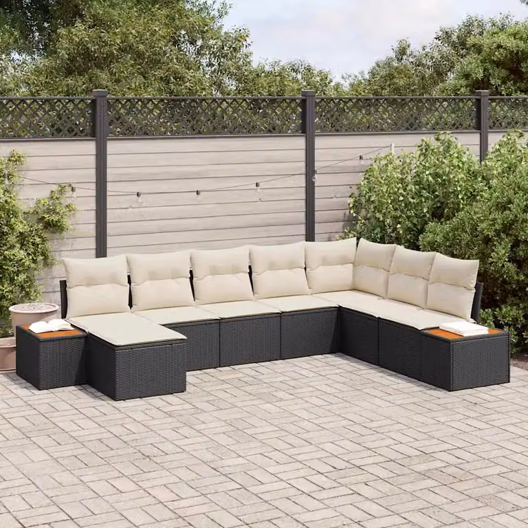 Set Divano da Giardino vidaXL 8 Pezzi Moderno a Forma di L con Ottoman e Cuscini, Colore Nero, Struttura in Metallo e Polyrattan Resistente alle Intemperie