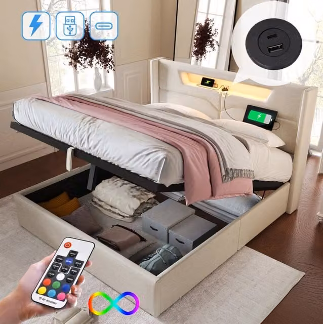 Letto matrimoniale 160x200 cm con LED; USB e Type-C; in tessuto beige