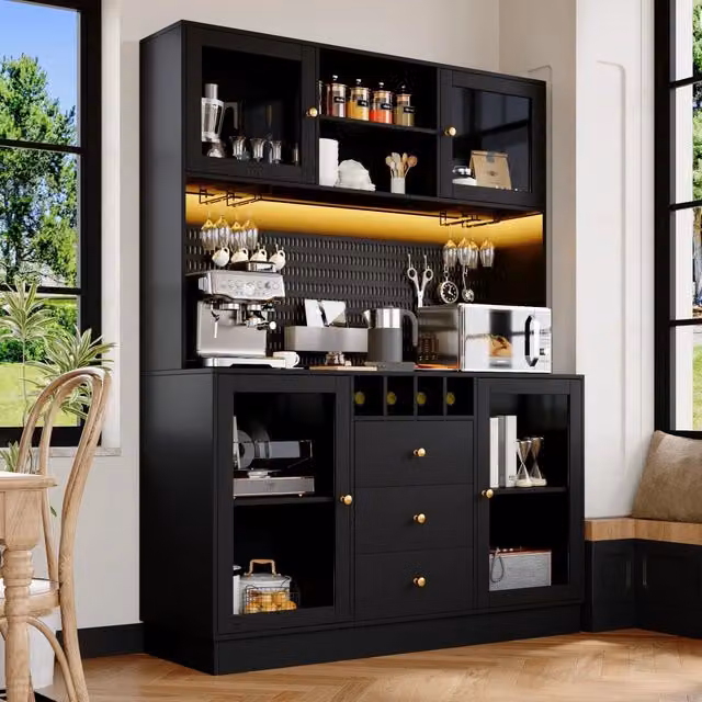 Mobile colonna da cucina con portabottiglie LED controllata tramite app MDF vetro nero 140 × 40 × 185;7 cm